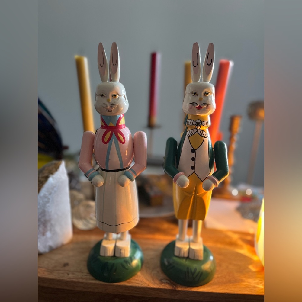 Vintage carved wood  rabbit candle stick holders